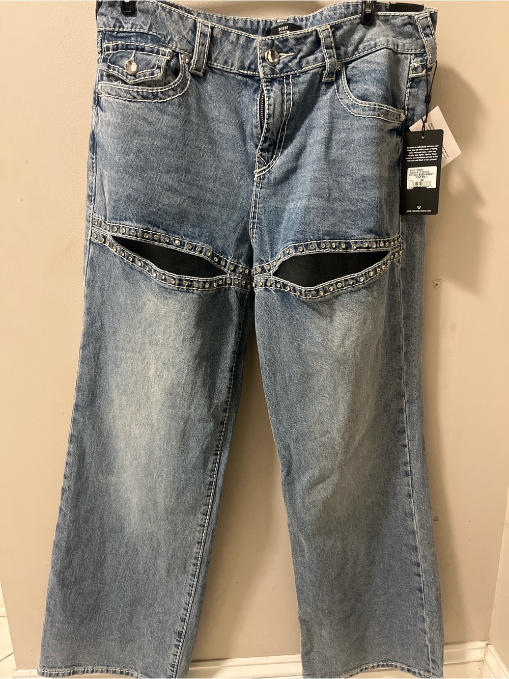 True Religion Bobbi Crystal Cutout Big T Baggy Jeans NWT W30